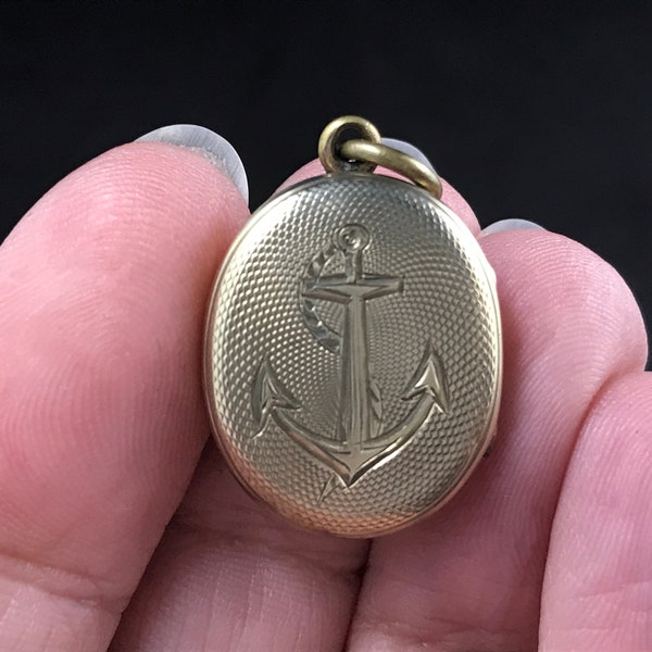 Dainty antique Edwardian 9ct yellow gold back and front nautical fouled anchor locket, plaited hair work, engine turned