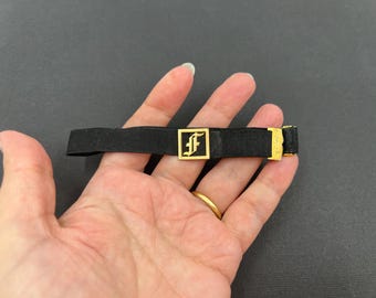 Antique rolled gold & black ribbon F monogram mourning bracelet
