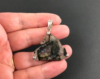 Vintage Blue John and 925 sterling silver raw gemstone pendant