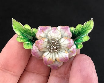 Antique or early vintage c1920s Chinese export silver enamel cherry blossom brooch