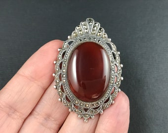 Vintage 925 sterling silver marcasite and carnelian gemstone cabochon brooch and pendant combo