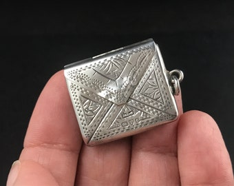 Antique Edwardian 1903 Chester hallmarked stamp holder case watch fob or pendant, 925 sterling silver, engraved design