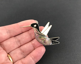 Vintage Alpaca Mexico abalone shell Hummingbird brooch
