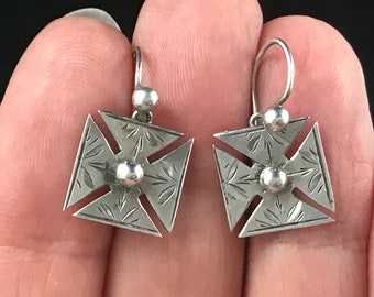 Antique Victorian unmarked silver engraved Maltese Cross drop pierced earrings