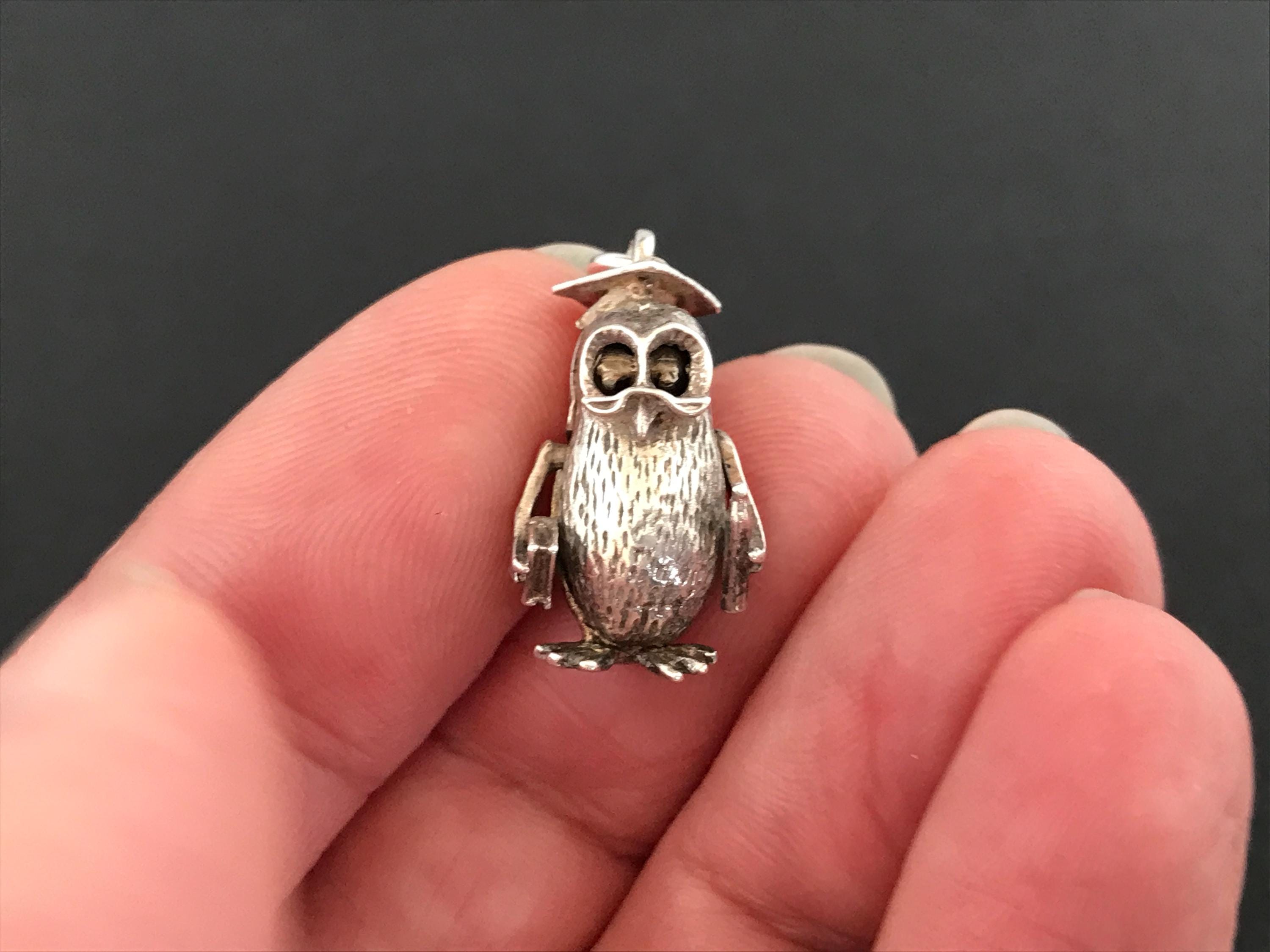 Vintage 925 sterling silver Wise Owl graduation themed articulated bracelet charm