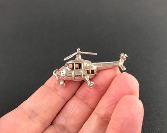 Unusual large vintage 925 sterling silver helicopter bracelet charm with moving parts