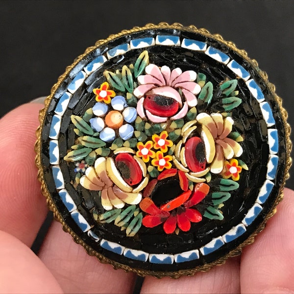 Large early vintage c1930s micro mosaic 3D brooch, black and floral tiles, gilt metal mount