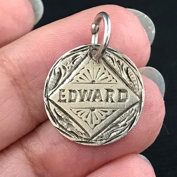 Antique Victorian engraved name EDWARD love token coin charm, pendant or watch fob, 925 sterling silver threepence coin