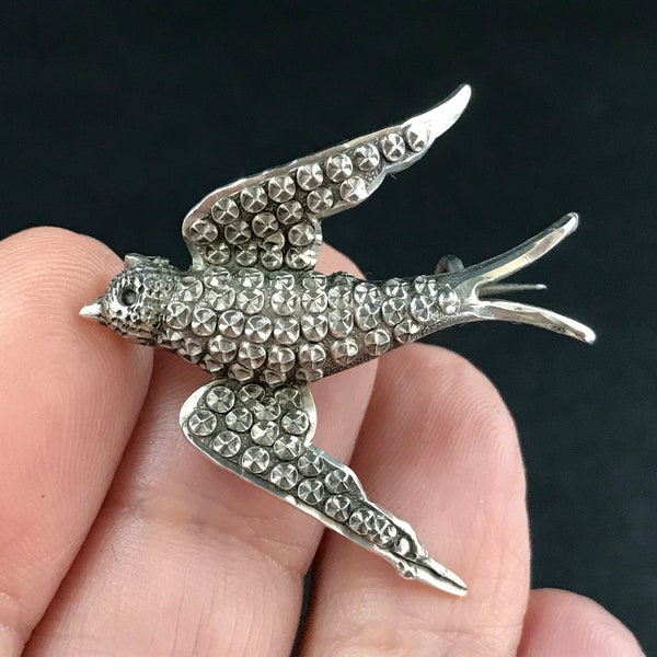 Antique Victorian unmarked sterling silver rosette work swallow brooch, attrib Charles Horner, embossed repousse work