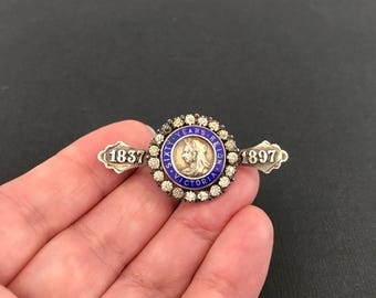 Antique Victorian 1897 hallmarked sterling silver, enamel and paste Queen Victoria Diamond Jubilee brooch