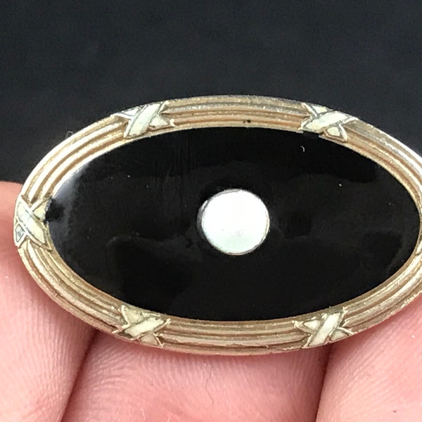 Antique early 1900s Marius Hammer 930s silver gilt brooch with black and white enamel, sterling silver, mourning, Norwegian silver