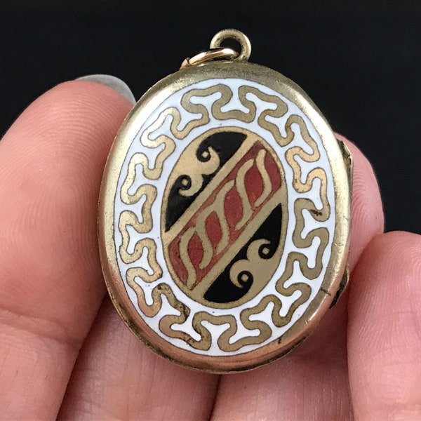 Antique Victorian goldtone metal and red black white enamel abstract design photo locket