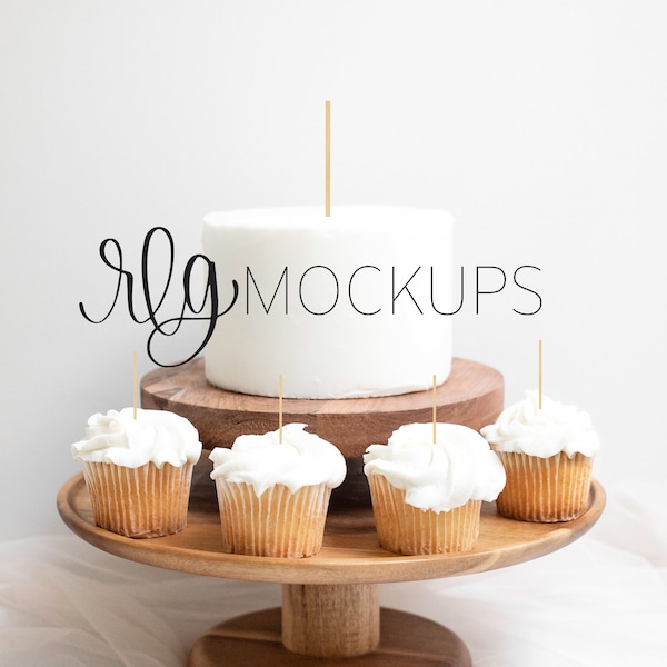 White Cake and cupcakes and picks styled stock photo - Cake Topper Mockup photo