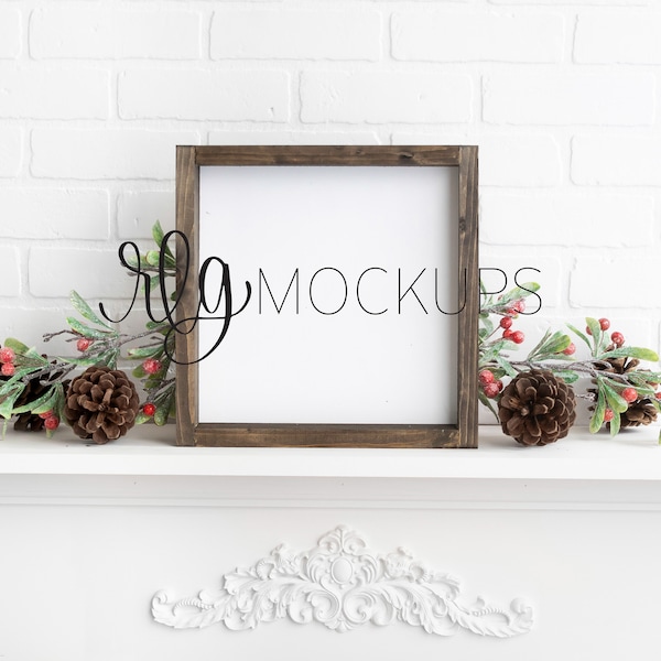 Square Christmas Farmhouse Sign Mockup - 12" x 12" frame -  Winter Holiday stock photo, 1' x 1'