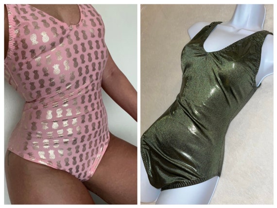 Low Back Full Coverage One Piece Metallic Swimsuit M/L Pink Gold Pineapple  / Olive Green 