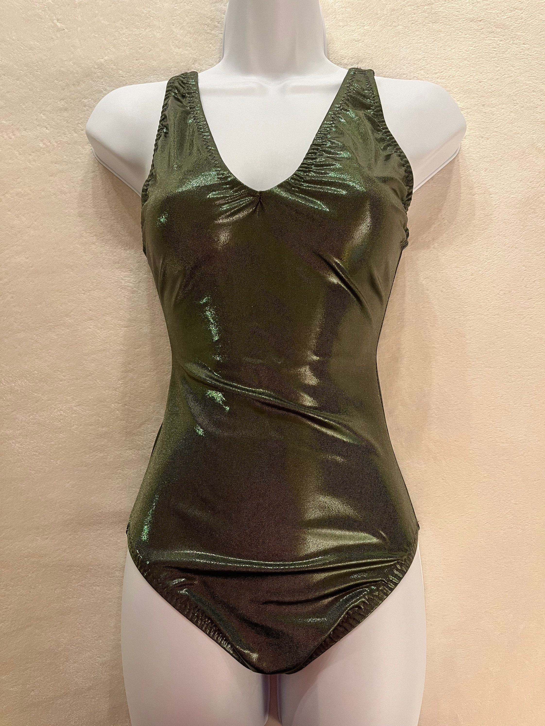 Low Back Full Coverage One Piece Metallic Swimsuit M/L Pink Gold
