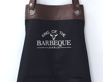 Premium Faux Leather Trim BBQ Apron with Pockets, Personalised Name - Dad, Husband, Grandad / Fathers Day /Birthday gift UK -FREE Uk Postage