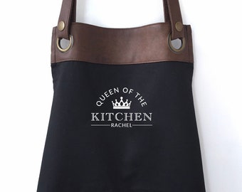 Personalised Kitchen Apron with Faux Leather Trim & Pockets Birthday/Christmas gifts