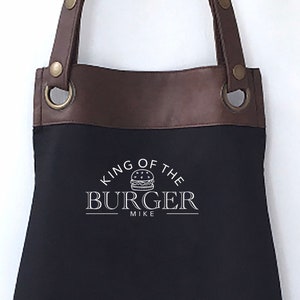 Delantal BURGER de cuero sintético premium con bolsillos, nombre personalizado - papá, esposo, hermano, padres / regalo de cumpleaños Reino Unido - Franqueo GRATUITO del Reino Unido