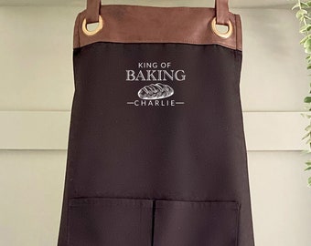 Premium Faux Leather Trim Baking Apron with Pockets, Personalised Name - Dad, Husband, Grandad/Fathers Day /Birthday gift UK-FREE Uk Postage