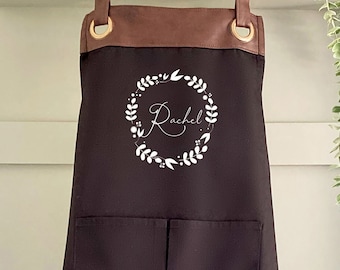 Premium Faux Leather Trim Mother's Day Apron with Pockets, Personalised -Mum, Wife, Grandma,Mothers Day / Birthday gift UK - FREE Uk Postage