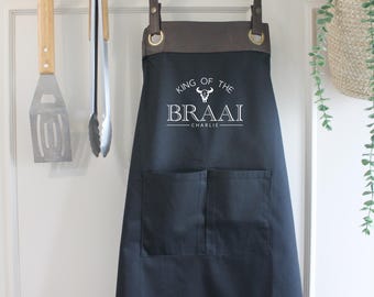 Personalized Braai Apron: Faux Leather Trim, King of The Grill Gift, Birthday/Christmas gift.