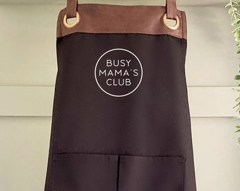 Premium Faux Leather Trim Busy Muma's Club Apron with Pockets, Personalised-Mum, Wife, Grandma,Mothers Day/Birthday gift UK-FREE Uk Postage