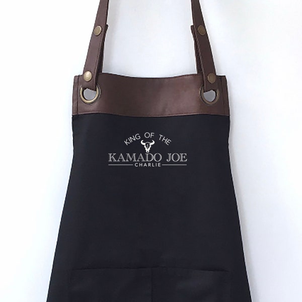 Premium Faux Leather Trim Kamado Joe Apron with Pockets,Personalised - Dad, Husband, Grandad, Brother / Birthday gift UK - FREE Uk Postage