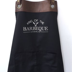 Premium Faux Leather Trim BBQ Apron with Pockets, Personalised Name Dad, Husband, Grandad / Fathers Day /Birthday gift UK FREE Uk Postage image 2