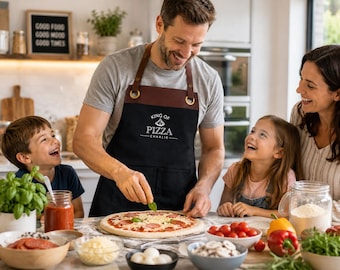 Delantal personalizado "Rey de la Pizza" – Ribete de piel sintética. Regalo ideal para chefs. Regalo para el Día del Padre o cumpleaños.