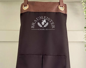Premium Faux Leather Trim Braumeister Apron with Pockets,Personalised Name - Dad,Husband,Grandad/Fathers Day/Birthday giftUK-FREE Uk Postage