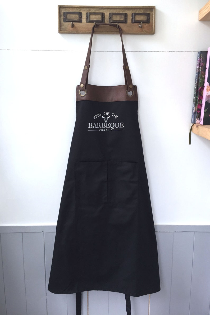 Premium Faux Leather Trim BBQ Apron with Pockets, Personalised Name Dad, Husband, Grandad / Fathers Day /Birthday gift UK FREE Uk Postage image 1