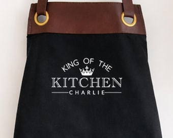 Premium Faux Leather Trim Kitchen Apron with Pockets,Personalised Name -Dad, Husband,Grandad/Christmas gift Birthday Gift UK FREE Uk Postage