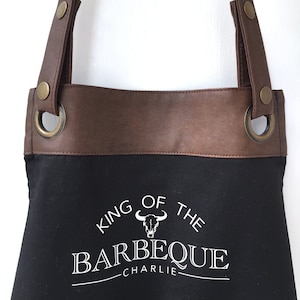 Premium Faux Leather Trim BBQ Apron with Pockets, Personalised Name - Dad, Husband, Grandad / Fathers Day /Birthday gift UK -FREE Uk Postage