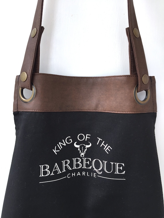 Premium Faux Leather Trim BBQ Apron with Pockets, Personalised Name - Dad, Husband, Grandad / Christmas /Birthday gift UK -FREE Uk Postage