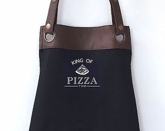 Premium Faux Leather Trim Pizza Apron with Pockets,Personalised - Dad, Husband, Grandad, Fathers Day / Birthday gift UK - FREE Uk Postage