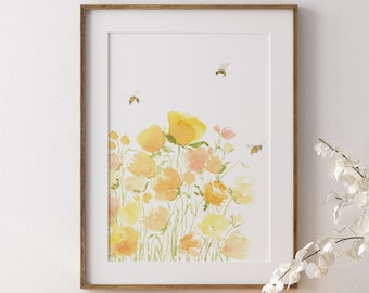 Wildflower and Bees Watercolor Art Print, Floral Home Decor