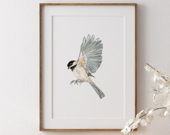 Mésange en vol, impression d'art oiseau aquarelle