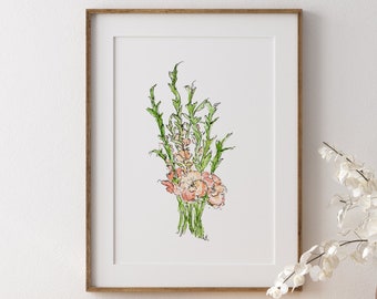 Gladiolus Flower Print, August Birth Month, Watercolor Floral Art