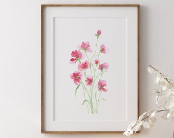 Sweet Pea Loose Floral Print, Watercolour Floral, Flower Wall Art, Pink Flower Art, Cosmos, Floral Wall Decor