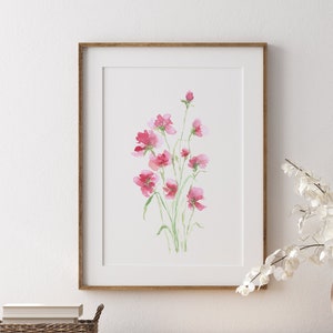 Sweet Pea Loose Floral Print, Watercolour Floral, Flower Wall Art, Pink Flower Art, Cosmos, Floral Wall Decor