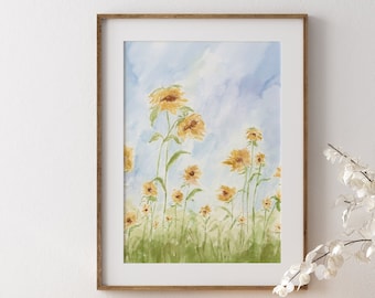 Watercolor Sunflower Art Print, Botanical Wall Decor