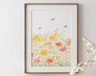 Wildflower and Bee Art Print, Original Watercolor Painting