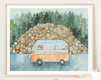 Watercolor Camper Van Print, Boho Forest Wall Art