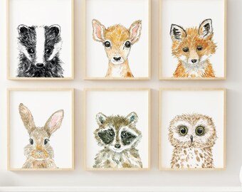 Woodland Animal Watercolor Nursery Print Set (Set of 6)