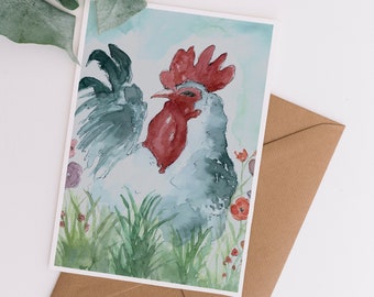 Rooster Blank Greeting Card, Chicken Card, Farmhouse Card, Rooster Art, Watercolour Rooster Card, Birthday Card