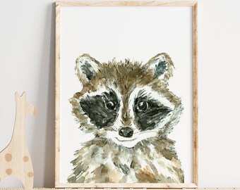 Aquarell Waschbär Kunstdruck, Kinderzimmer Dekor