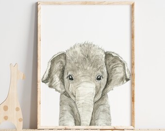 Watercolor Baby Elephant Print, Safari Nursery Decor