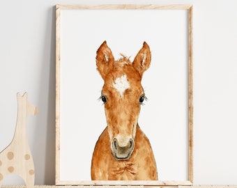 Impresión de potro en acuarela, decoración infantil de animales de granja