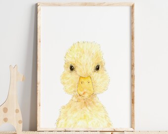 Impresión de acuarela de patito, arte infantil de animales bebés